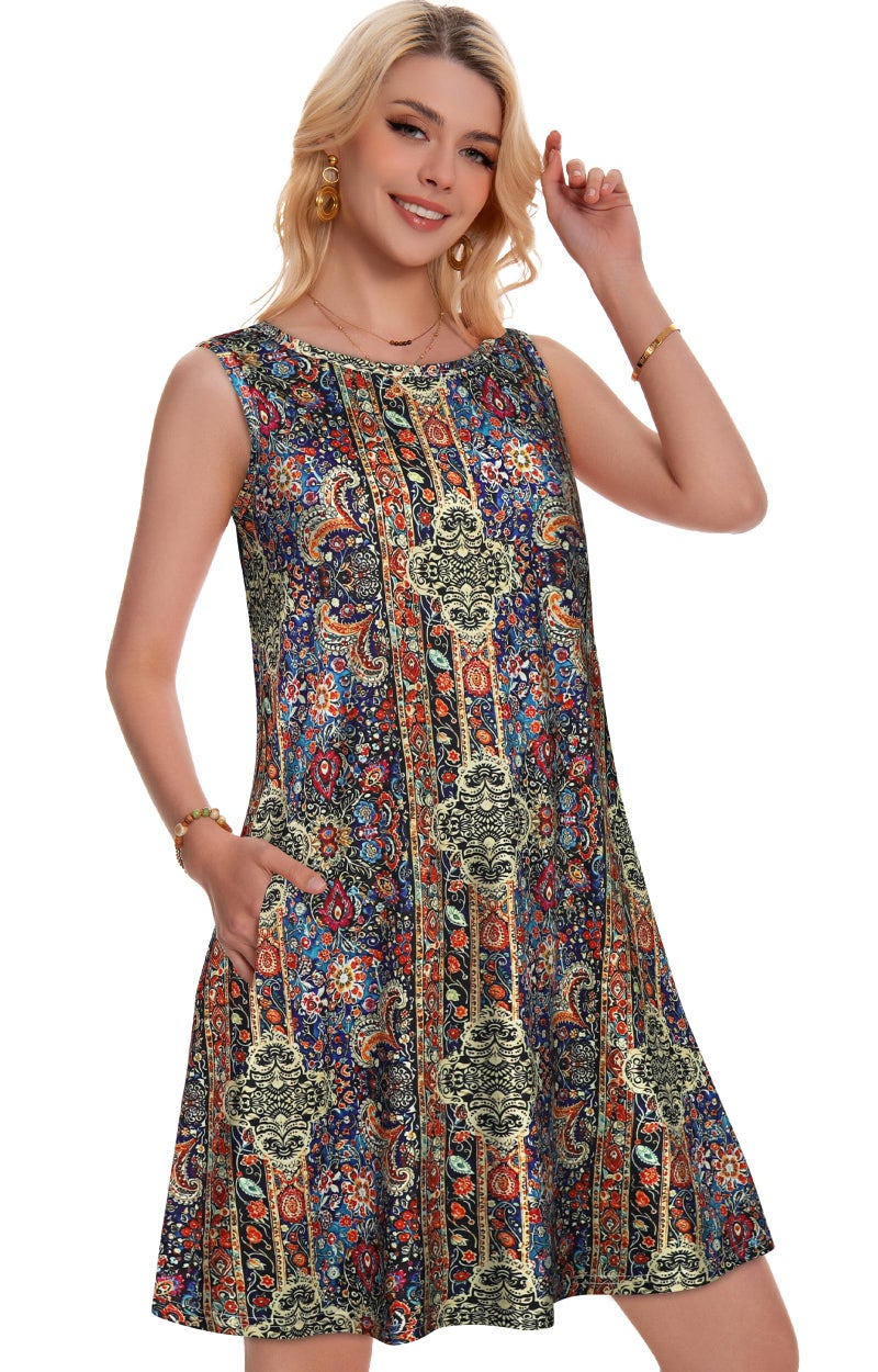 elescat Summer Dresses for Women Beach Boho Sleeveless Vintage Floral Flowy Pocket Tshirt Tank Sundresses(Blue Yellow Boho, L) - Image 2