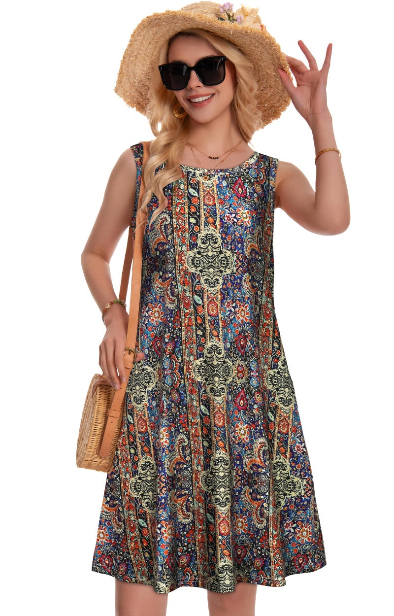 elescat Summer Dresses for Women Beach Boho Sleeveless Vintage Floral Flowy Pocket Tshirt Tank Sundresses(Blue Yellow Boho, L) - Image 4