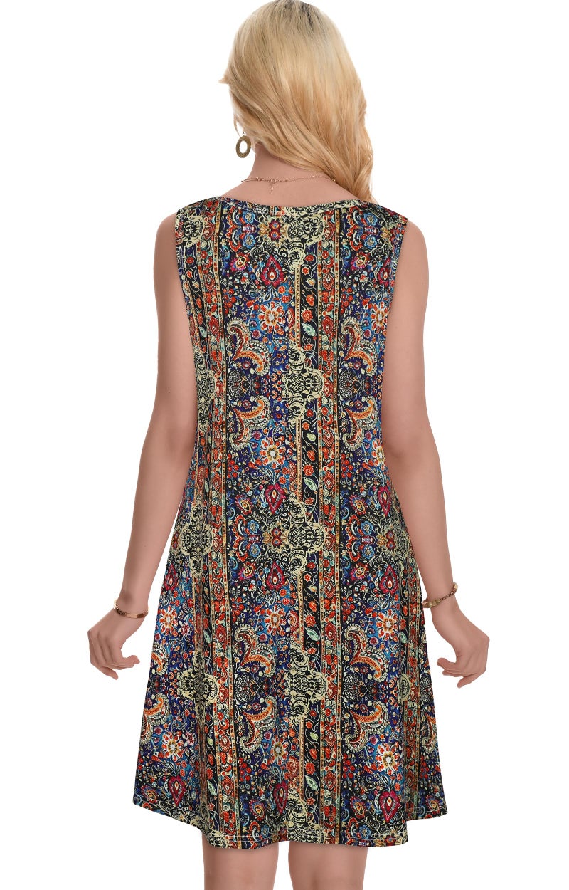elescat Summer Dresses for Women Beach Boho Sleeveless Vintage Floral Flowy Pocket Tshirt Tank Sundresses(Blue Yellow Boho, L) - Image 5