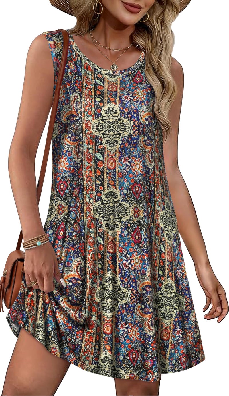 elescat Summer Dresses for Women Beach Boho Sleeveless Vintage Floral Flowy Pocket Tshirt Tank Sundresses(Blue Yellow Boho, L) - Image 1