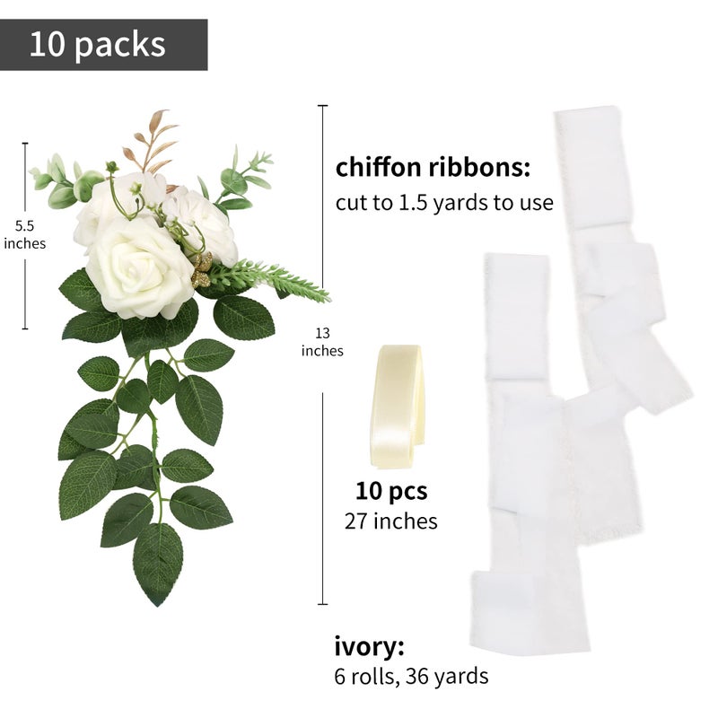 DreamBuilt Wedding Aisle Decorations for Wedding Ceremony Set of 10 Pew Flowers for Church Chair Decorations Party Decor with Artificial Flowers Eucalyptus and Ribbons White - Image 2