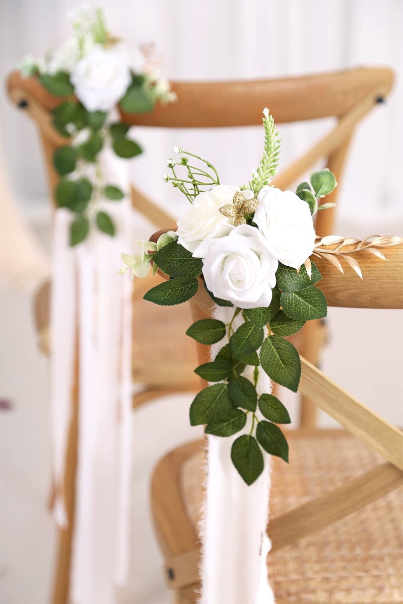 DreamBuilt Wedding Aisle Decorations for Wedding Ceremony Set of 10 Pew Flowers for Church Chair Decorations Party Decor with Artificial Flowers Eucalyptus and Ribbons White - Image 4