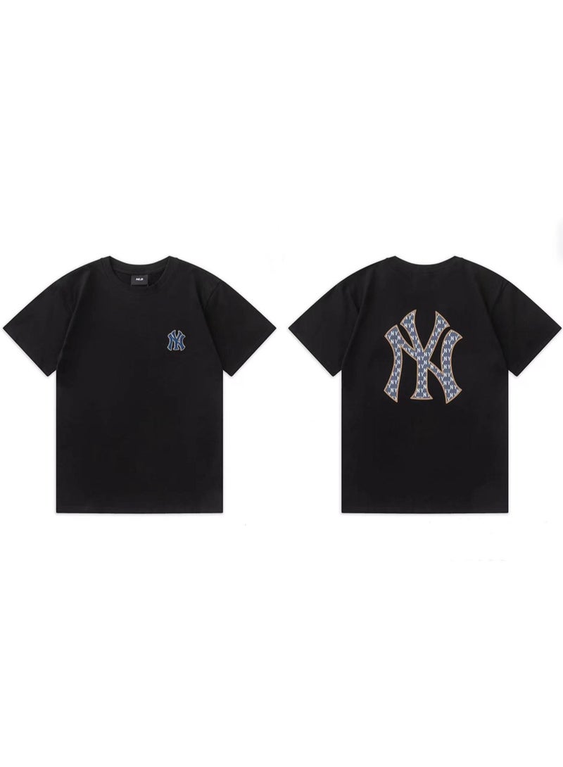MLB NY Monogram Front Back Graphic Black Unisex Cotton T-shirt-XL - Image 1