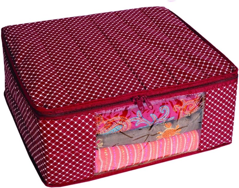 HomeStrap set of 6 Cotton Quilted 3 Layered Foldable Saree Covers / Clothes Storage Bag / Wardrobe Organizer With Transparent Window And Zip For Lehenga, Suit, Dress,& Accessories (Maroon) - Image 2