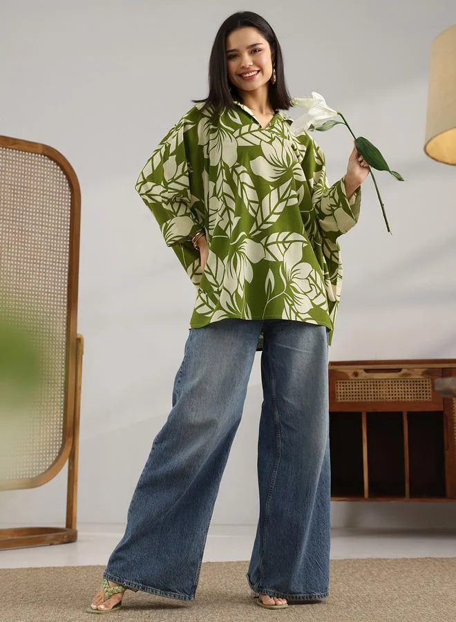 Libas Green Printed Cotton A-Line Kurti
