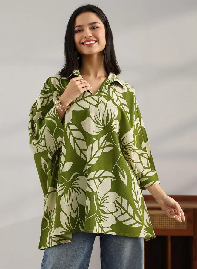Libas Green Printed Cotton A-Line Kurti