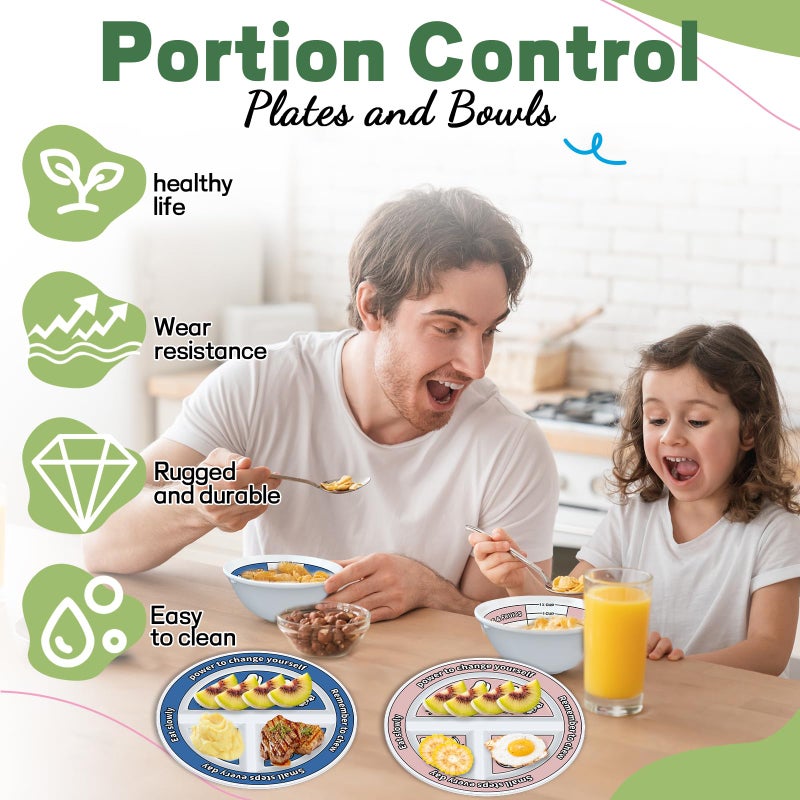 Viynran 4 Pcs Portion Control Plates & Bowls Set (2 Plates + 2 Bowls, 9 Inch) - Self-Measuring for Weight Loss, Gastric Bypass, LapBand, Diabetes & Healthy Diets, Pink & Blue, for Adults & Children - Image 4