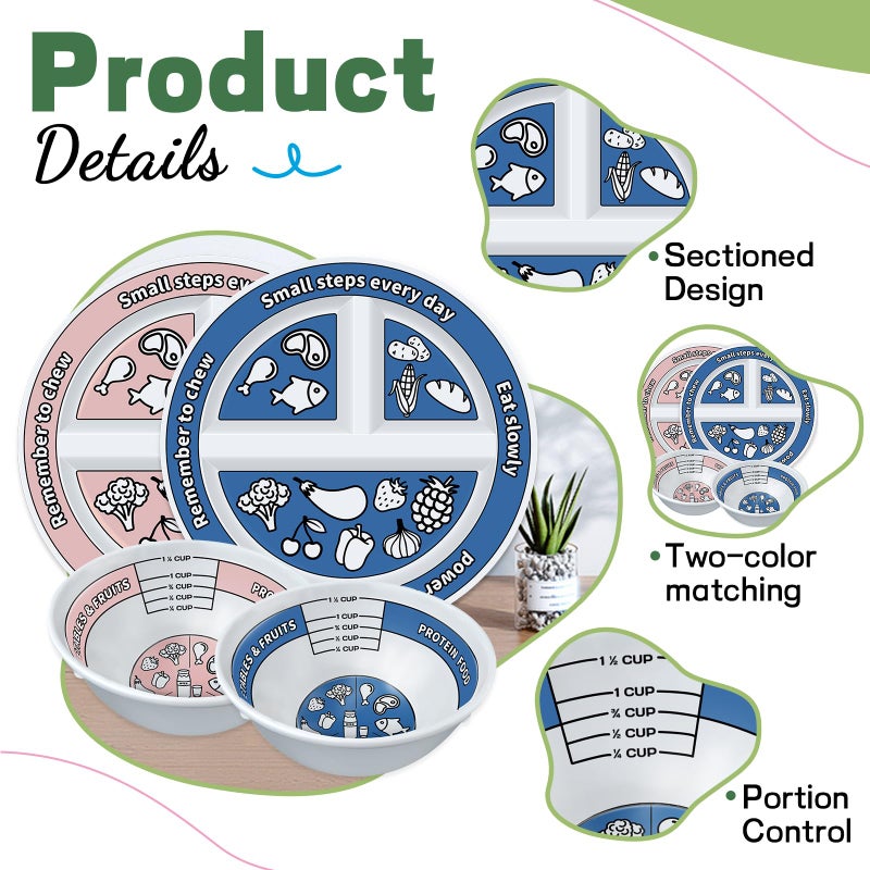 Viynran 4 Pcs Portion Control Plates & Bowls Set (2 Plates + 2 Bowls, 9 Inch) - Self-Measuring for Weight Loss, Gastric Bypass, LapBand, Diabetes & Healthy Diets, Pink & Blue, for Adults & Children - Image 3