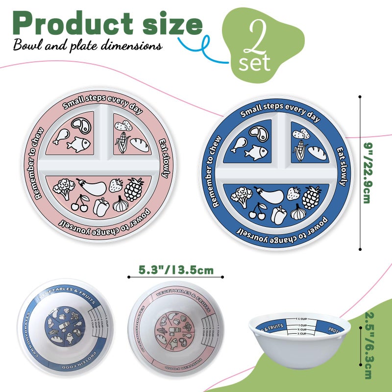 Viynran 4 Pcs Portion Control Plates & Bowls Set (2 Plates + 2 Bowls, 9 Inch) - Self-Measuring for Weight Loss, Gastric Bypass, LapBand, Diabetes & Healthy Diets, Pink & Blue, for Adults & Children - Image 2