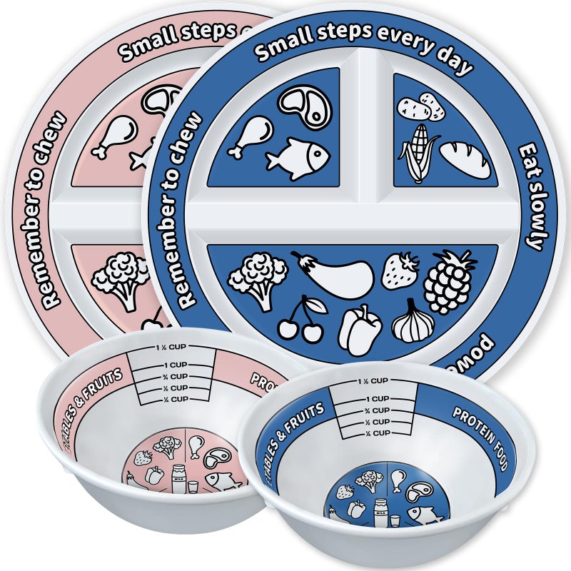 Viynran 4 Pcs Portion Control Plates & Bowls Set (2 Plates + 2 Bowls, 9 Inch) - Self-Measuring for Weight Loss, Gastric Bypass, LapBand, Diabetes & Healthy Diets, Pink & Blue, for Adults & Children - Image 1