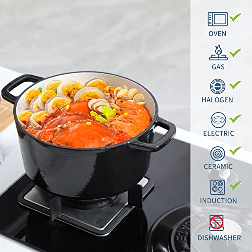 Velaze 6 QT Enameled Cast Iron Dutch Oven, Dual Handles Dutch Oven Pot with Lid,Heavy-Duty Non-stick Round Dutch Oven for Bread Baking, Stewing, Roasting, Good Sealing for All Heat Source (BLACK) - Image 2