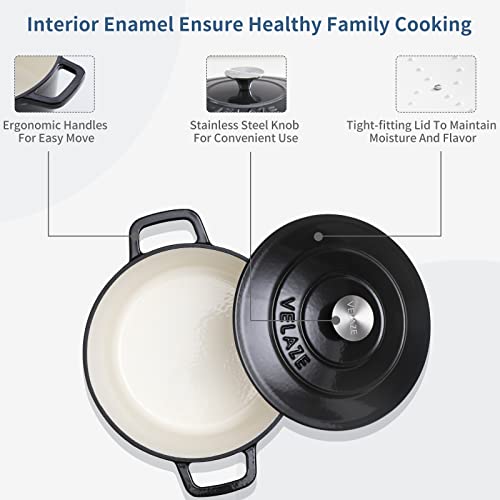 Velaze 6 QT Enameled Cast Iron Dutch Oven, Dual Handles Dutch Oven Pot with Lid,Heavy-Duty Non-stick Round Dutch Oven for Bread Baking, Stewing, Roasting, Good Sealing for All Heat Source (BLACK) - Image 4