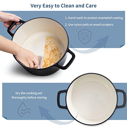 Velaze 6 QT Enameled Cast Iron Dutch Oven, Dual Handles Dutch Oven Pot with Lid,Heavy-Duty Non-stick Round Dutch Oven for Bread Baking, Stewing, Roasting, Good Sealing for All Heat Source (BLACK) - Image 5