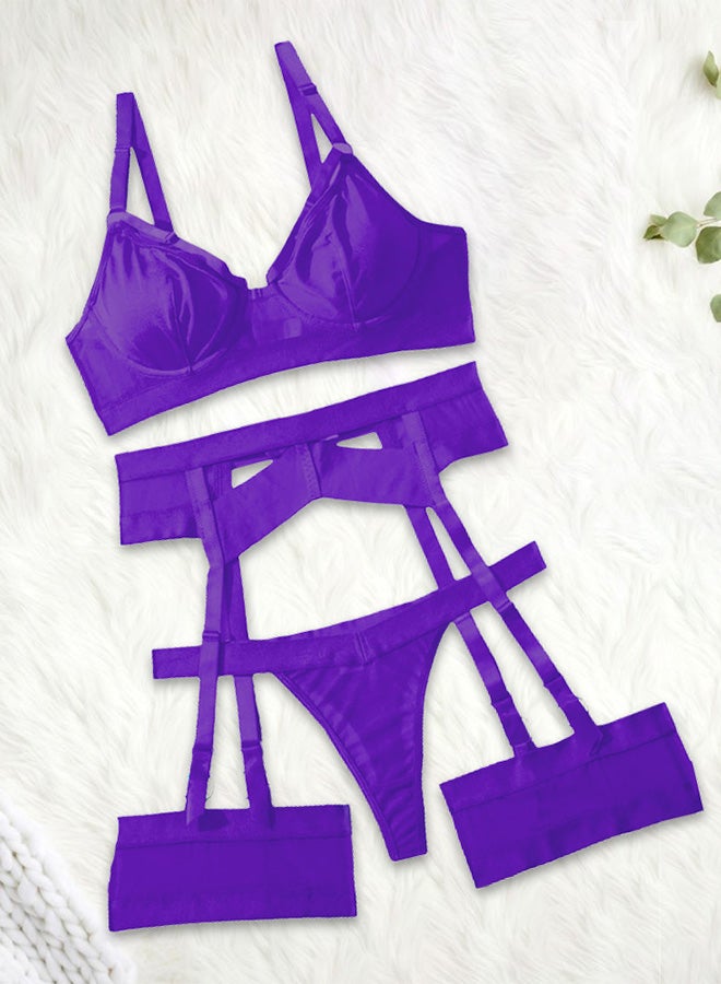 MARGOUN Women Sheer Mesh Garter Lingerie Set Strappy Teddy Babydoll Bra and Panty with Leg Ring 4 Piece Lingerie Set Dark Purple XL - Image 4