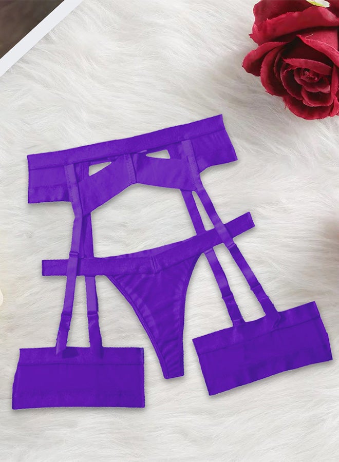 MARGOUN Women Sheer Mesh Garter Lingerie Set Strappy Teddy Babydoll Bra and Panty with Leg Ring 4 Piece Lingerie Set Dark Purple XL - Image 3
