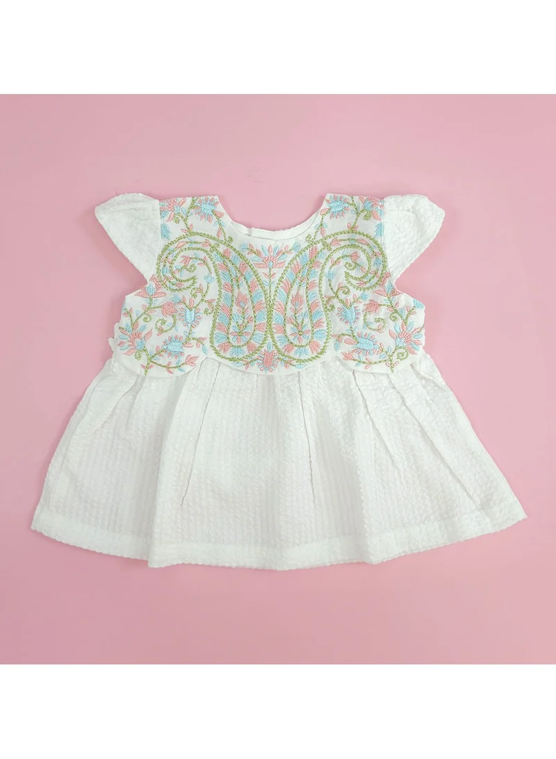 KeeBee Keebee Organic Cotton Textured Paisley Embroidered Girls White Dress with Cap Sleeves