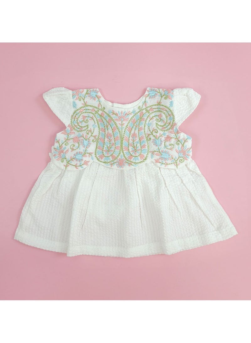 Keebee Organic Cotton Textured Paisley Embroidered Girls White Dress with Cap Sleeves - Image 1