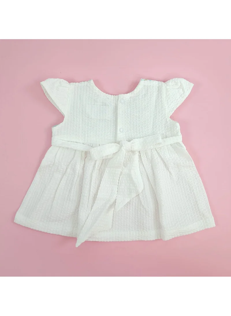 KeeBee Keebee Organic Cotton Textured Paisley Embroidered Girls White Dress with Cap Sleeves