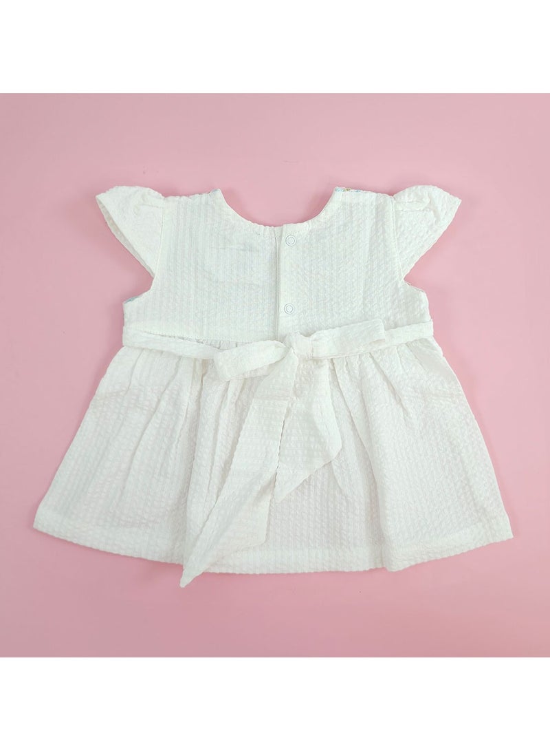Keebee Organic Cotton Textured Paisley Embroidered Girls White Dress with Cap Sleeves - Image 2