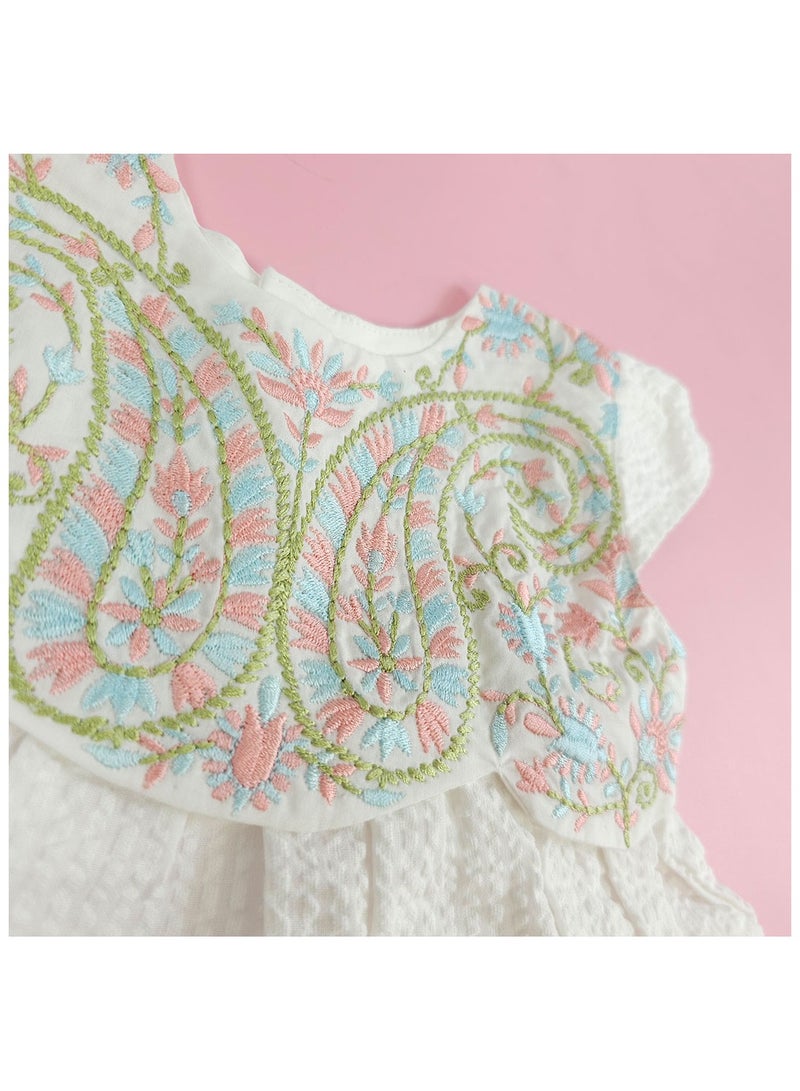 Keebee Organic Cotton Textured Paisley Embroidered Girls White Dress with Cap Sleeves - Image 3
