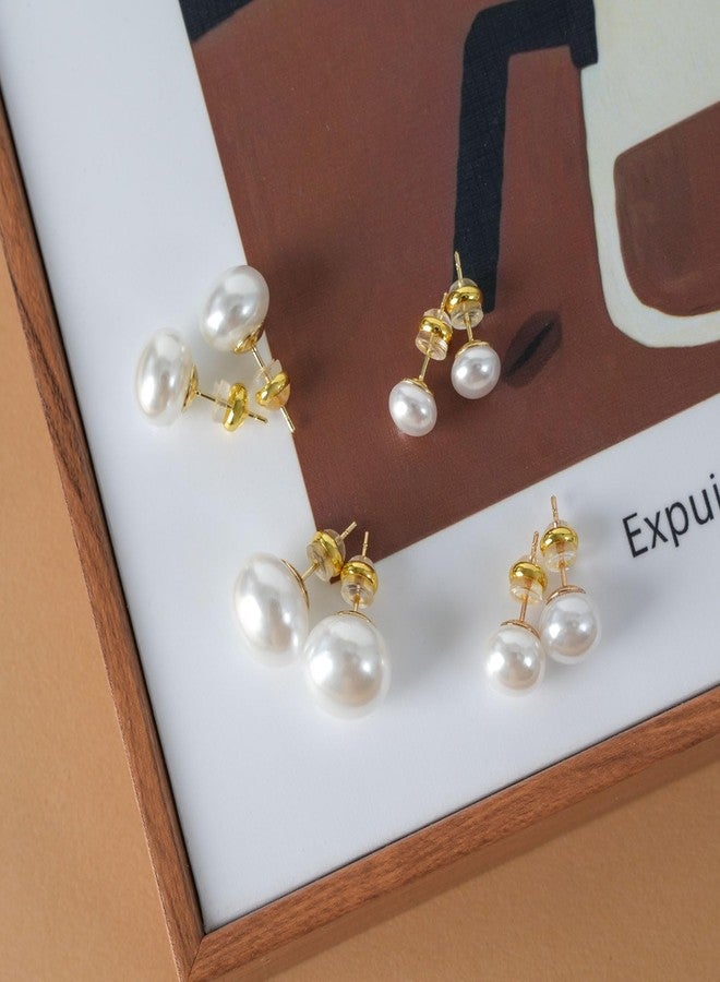 Raystar 4 Pairs Big Pearl Earrings, 14K Gold Plated Silver Post, Hypoallergenic Simulated Large Pearls Earring, 8mm/10mm/12mm/14mm Stud Set for women - Image 3