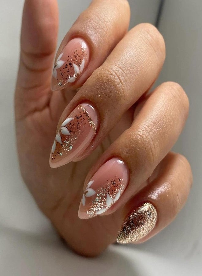 YKZFUI 24Pcs Press on Nails Short Almond Shape Fake Nails with Flower Designs Glitter Gold Press ons Full Cover False Nails Glue on Nails Acrylic Nail Kit for Women Manicure Art Decorations - Image 1