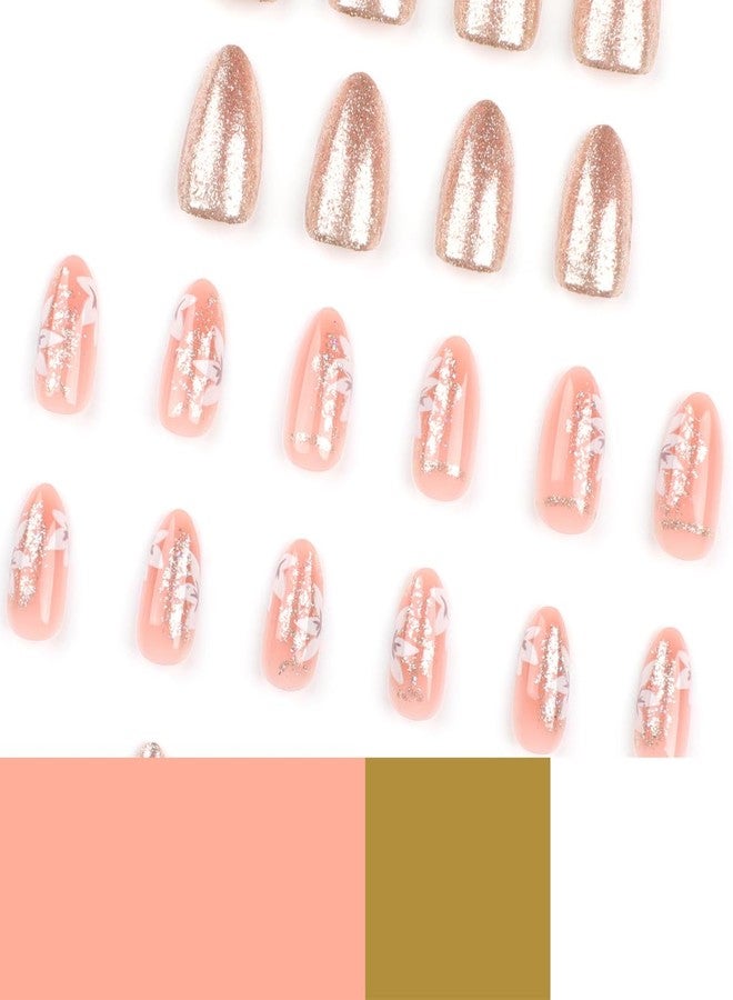 YKZFUI 24Pcs Press on Nails Short Almond Shape Fake Nails with Flower Designs Glitter Gold Press ons Full Cover False Nails Glue on Nails Acrylic Nail Kit for Women Manicure Art Decorations - Image 4