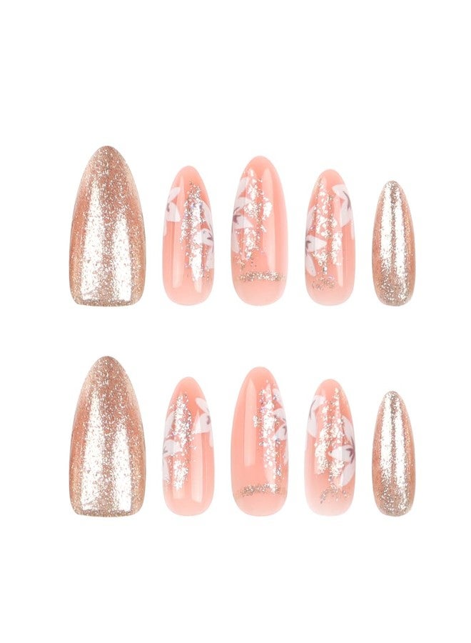 YKZFUI 24Pcs Press on Nails Short Almond Shape Fake Nails with Flower Designs Glitter Gold Press ons Full Cover False Nails Glue on Nails Acrylic Nail Kit for Women Manicure Art Decorations - Image 2