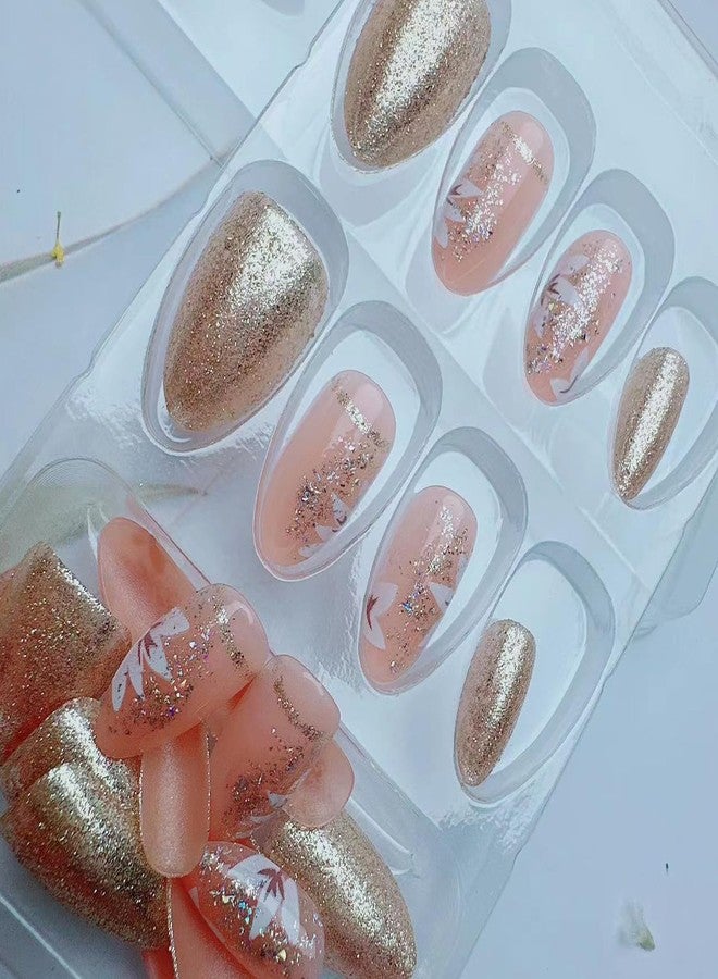 YKZFUI 24Pcs Press on Nails Short Almond Shape Fake Nails with Flower Designs Glitter Gold Press ons Full Cover False Nails Glue on Nails Acrylic Nail Kit for Women Manicure Art Decorations - Image 5