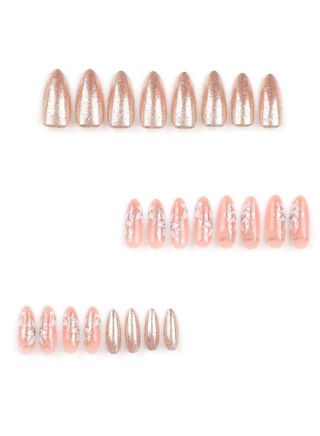 YKZFUI 24Pcs Press on Nails Short Almond Shape Fake Nails with Flower Designs Glitter Gold Press ons Full Cover False Nails Glue on Nails Acrylic Nail Kit for Women Manicure Art Decorations - Image 3