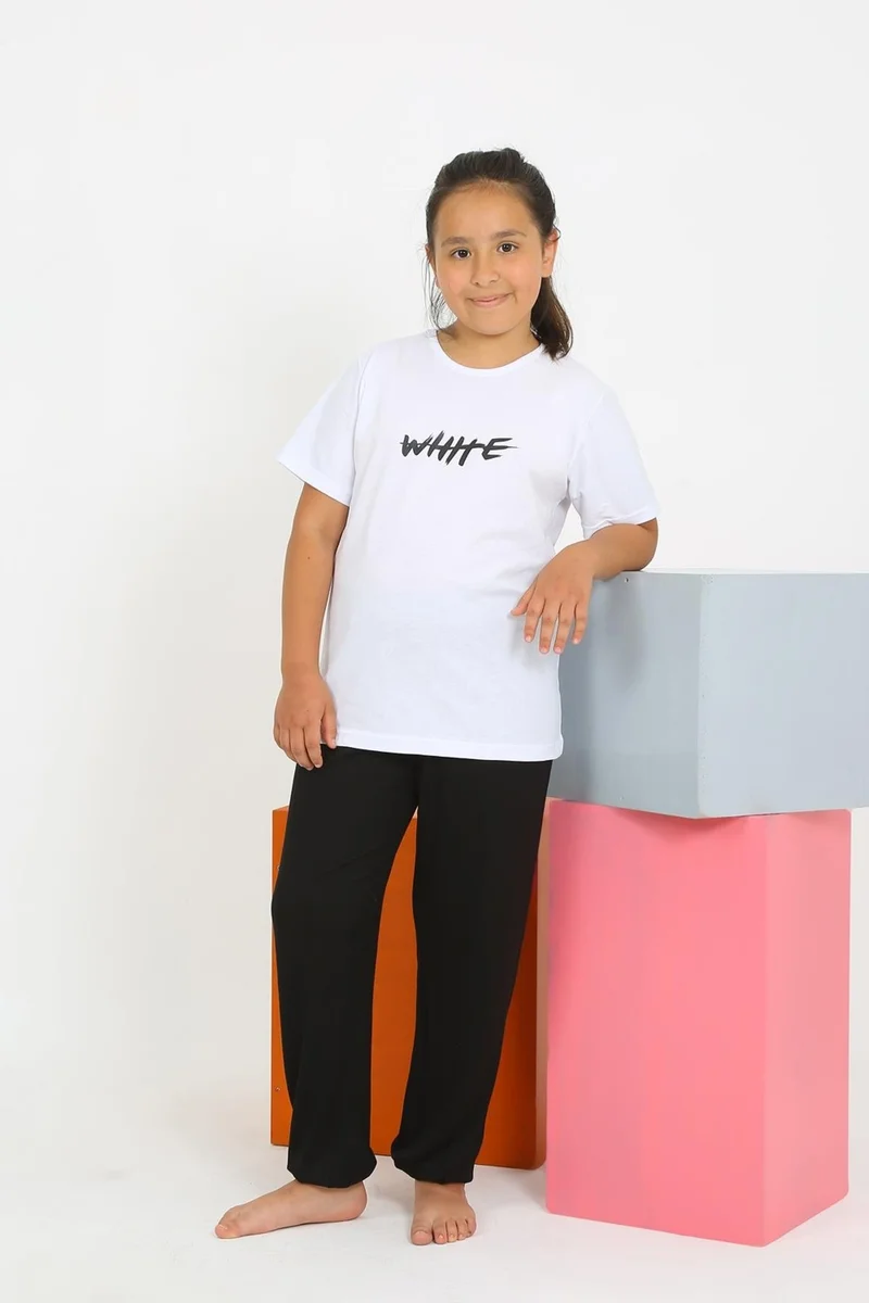 اكبينيز Girl's Short Sleeve White Combed Cotton Pajama Set 20432