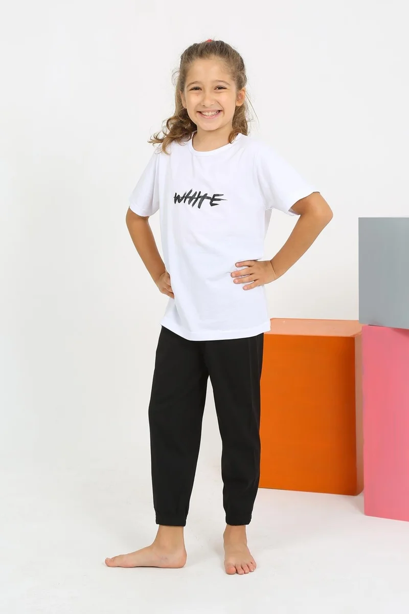 اكبينيز Girl's Short Sleeve White Combed Cotton Pajama Set 20432