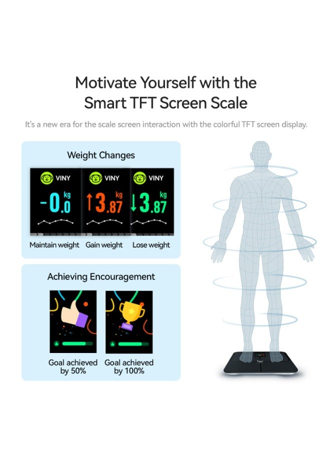 ميزان ذكي، مقياس دقيق لنسبة الدهون في الجسم مع شاشة LCD TFT، ميزان حمام لوزن الجسم، ميزان وزن رقمي بتقنية البلوتوث مع 16 مؤشرًا لتكوين الجسم وتطبيق لياقة بدنية - Image 3