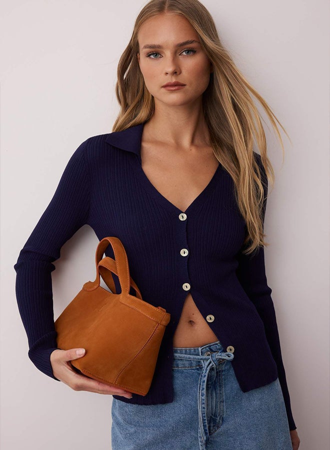 trendyol Navy Blue Fitted/Fits the Body Mercerized Look Polo Collar Knitwear Cardigan - Image 1