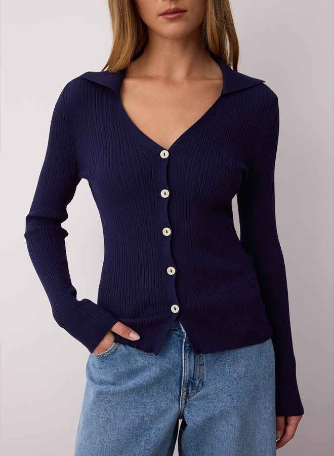 trendyol Navy Blue Fitted/Fits the Body Mercerized Look Polo Collar Knitwear Cardigan - Image 3