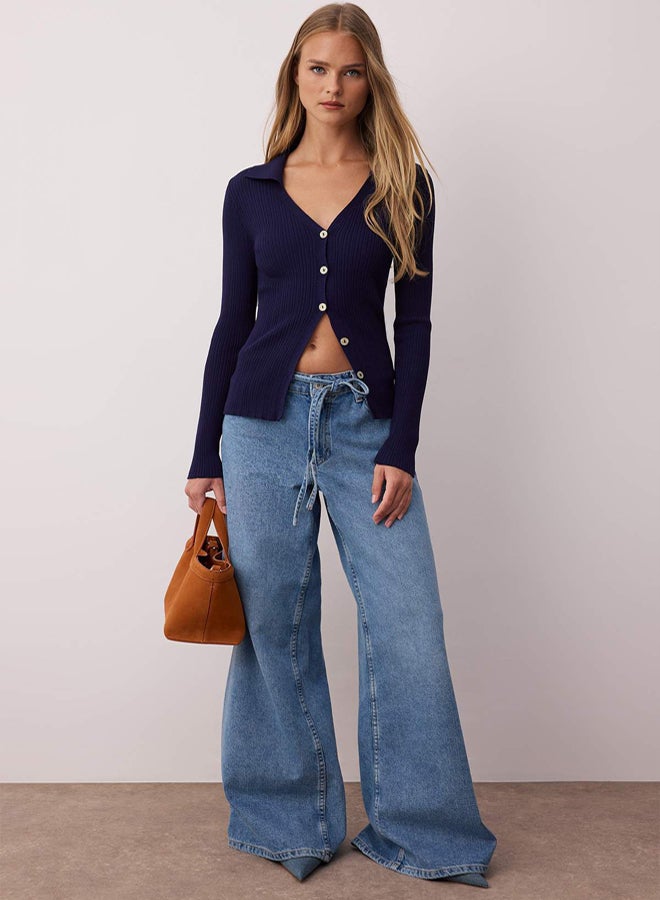 trendyol Navy Blue Fitted/Fits the Body Mercerized Look Polo Collar Knitwear Cardigan - Image 2