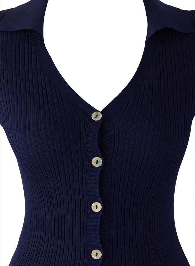 trendyol Navy Blue Fitted/Fits the Body Mercerized Look Polo Collar Knitwear Cardigan - Image 5