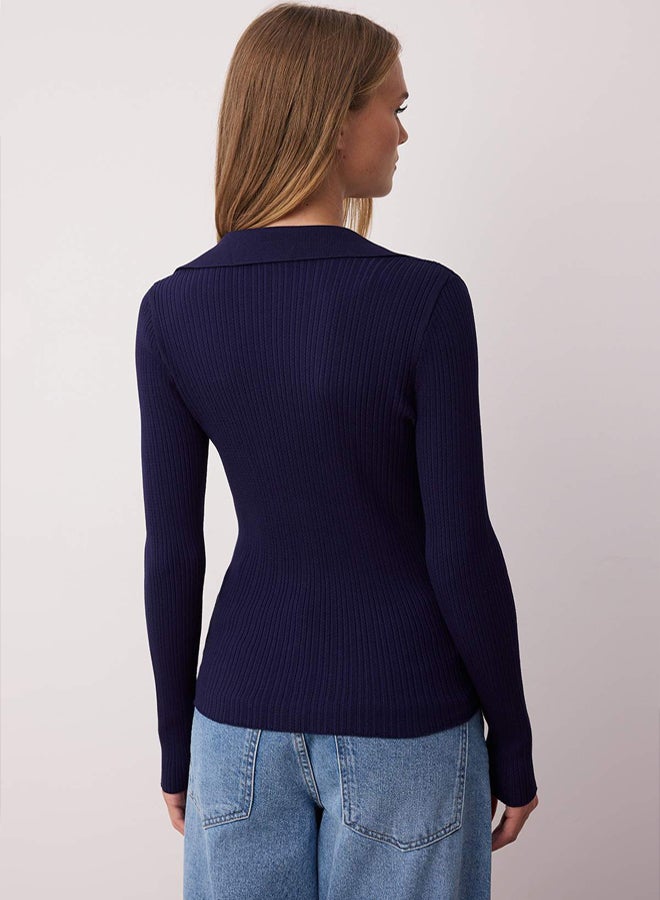 trendyol Navy Blue Fitted/Fits the Body Mercerized Look Polo Collar Knitwear Cardigan - Image 4