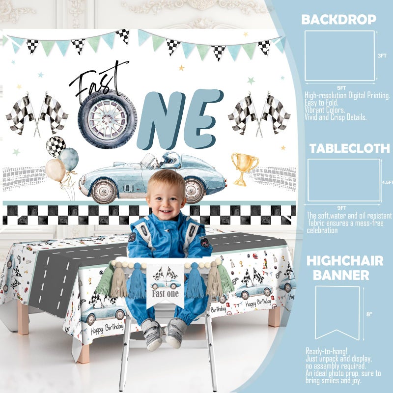 Fiesec Fast One Birthday Decorations, 146 Pcs Race Car 1st Birthday Party Supplies includes Backdrop, Balloon Garland, Photo Banner, Foil Balloons, Tablecloth, Boxes, Poster, Flag, Crown for Boys - Image 5