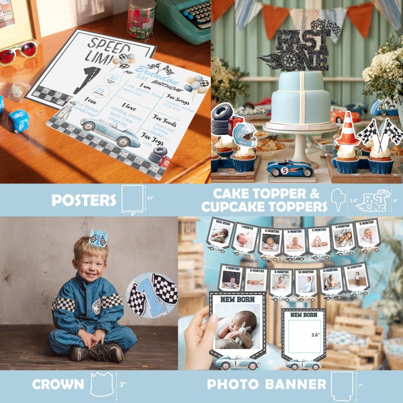 Fiesec Fast One Birthday Decorations, 146 Pcs Race Car 1st Birthday Party Supplies includes Backdrop, Balloon Garland, Photo Banner, Foil Balloons, Tablecloth, Boxes, Poster, Flag, Crown for Boys - Image 4