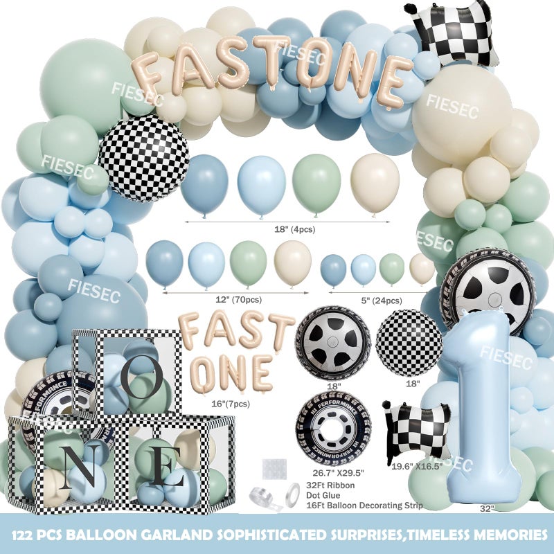 Fiesec Fast One Birthday Decorations, 146 Pcs Race Car 1st Birthday Party Supplies includes Backdrop, Balloon Garland, Photo Banner, Foil Balloons, Tablecloth, Boxes, Poster, Flag, Crown for Boys - Image 3