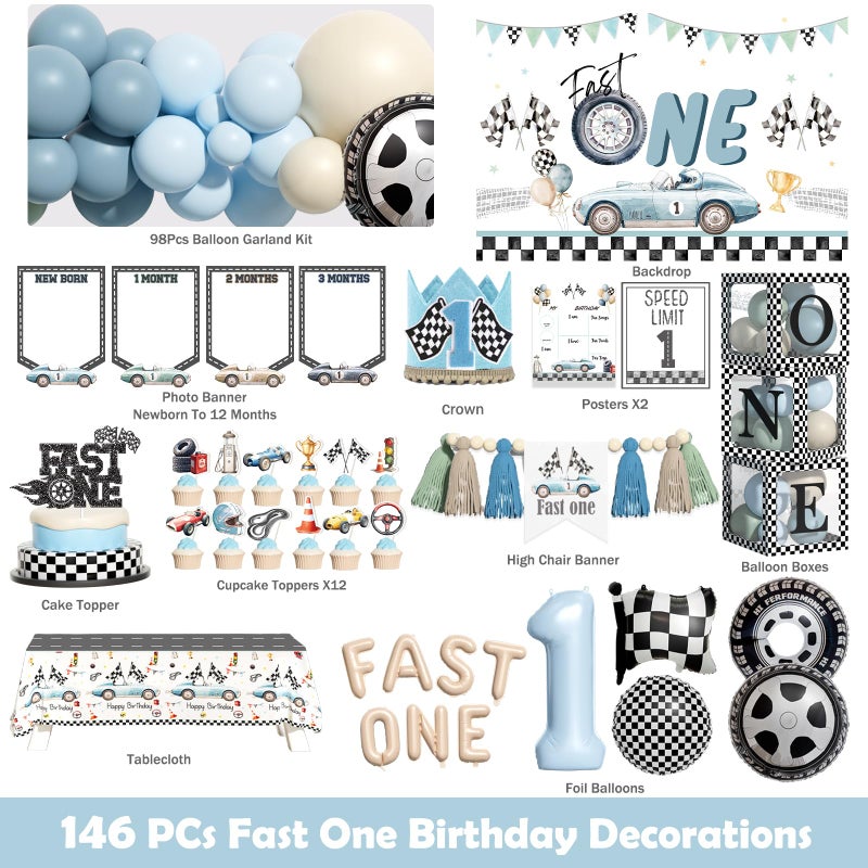 Fiesec Fast One Birthday Decorations, 146 Pcs Race Car 1st Birthday Party Supplies includes Backdrop, Balloon Garland, Photo Banner, Foil Balloons, Tablecloth, Boxes, Poster, Flag, Crown for Boys - Image 2