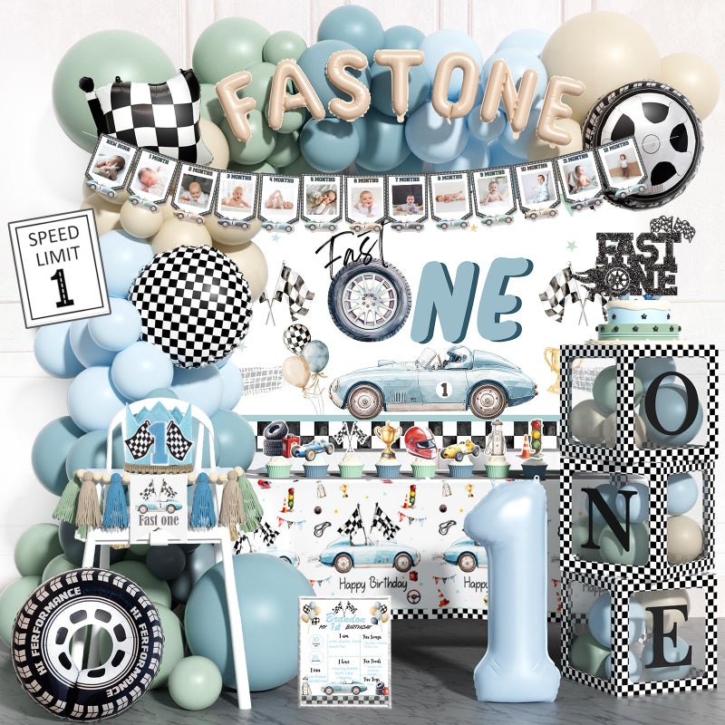 Fiesec Fast One Birthday Decorations, 146 Pcs Race Car 1st Birthday Party Supplies includes Backdrop, Balloon Garland, Photo Banner, Foil Balloons, Tablecloth, Boxes, Poster, Flag, Crown for Boys - Image 1