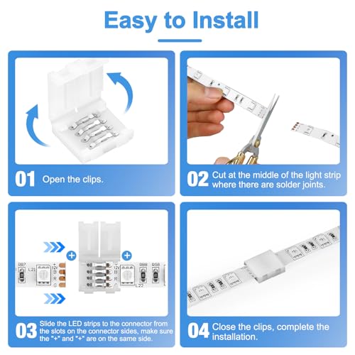 Pmxary 20Pcs 4 Pin LED Strip Connectors for 8mm Wide RGB LED Strip Lights, Solderless Unwired LED Light Connectors, Easily Extend or Splice 4-Pin 8mm Multicolor Strips - Image 4