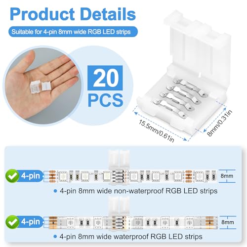 Pmxary 20Pcs 4 Pin LED Strip Connectors for 8mm Wide RGB LED Strip Lights, Solderless Unwired LED Light Connectors, Easily Extend or Splice 4-Pin 8mm Multicolor Strips - Image 2