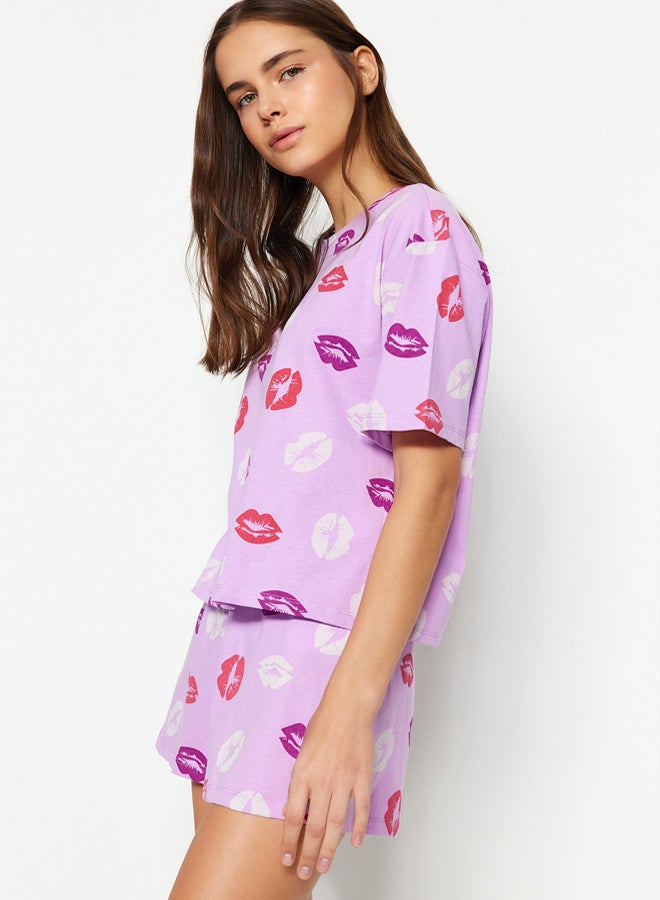 trendyol Lilac 100% Cotton Lip Patterned Shorts Knitted Pajama Set  - Image 2