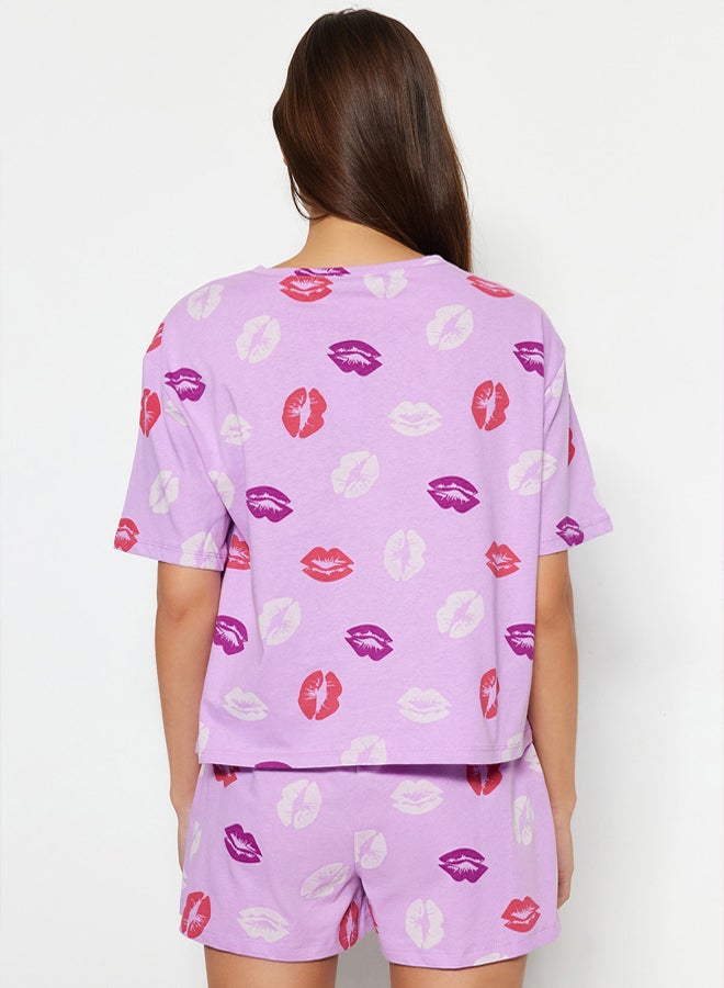 trendyol Lilac 100% Cotton Lip Patterned Shorts Knitted Pajama Set  - Image 5