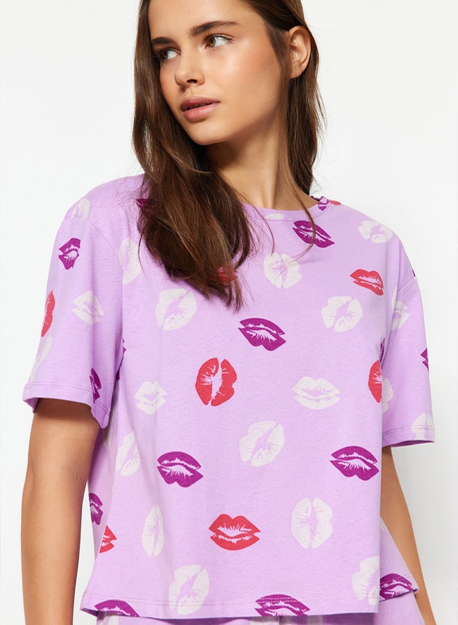 trendyol Lilac 100% Cotton Lip Patterned Shorts Knitted Pajama Set  - Image 3
