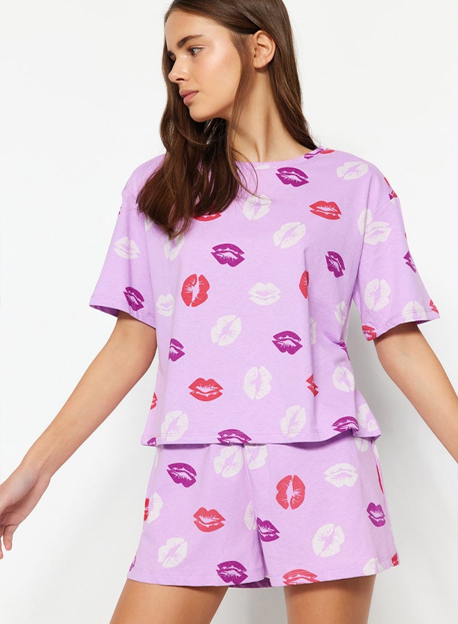 trendyol Lilac 100% Cotton Lip Patterned Shorts Knitted Pajama Set  - Image 1