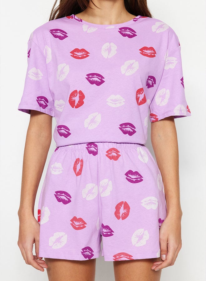 trendyol Lilac 100% Cotton Lip Patterned Shorts Knitted Pajama Set  - Image 4